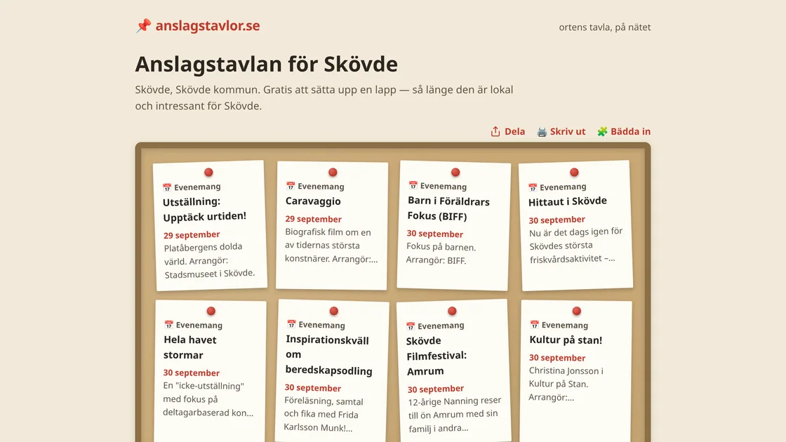 The noticeboard for Skövde on anslagstavlor.se: a cork board with pinned notes about exhibitions, films and talks at the library