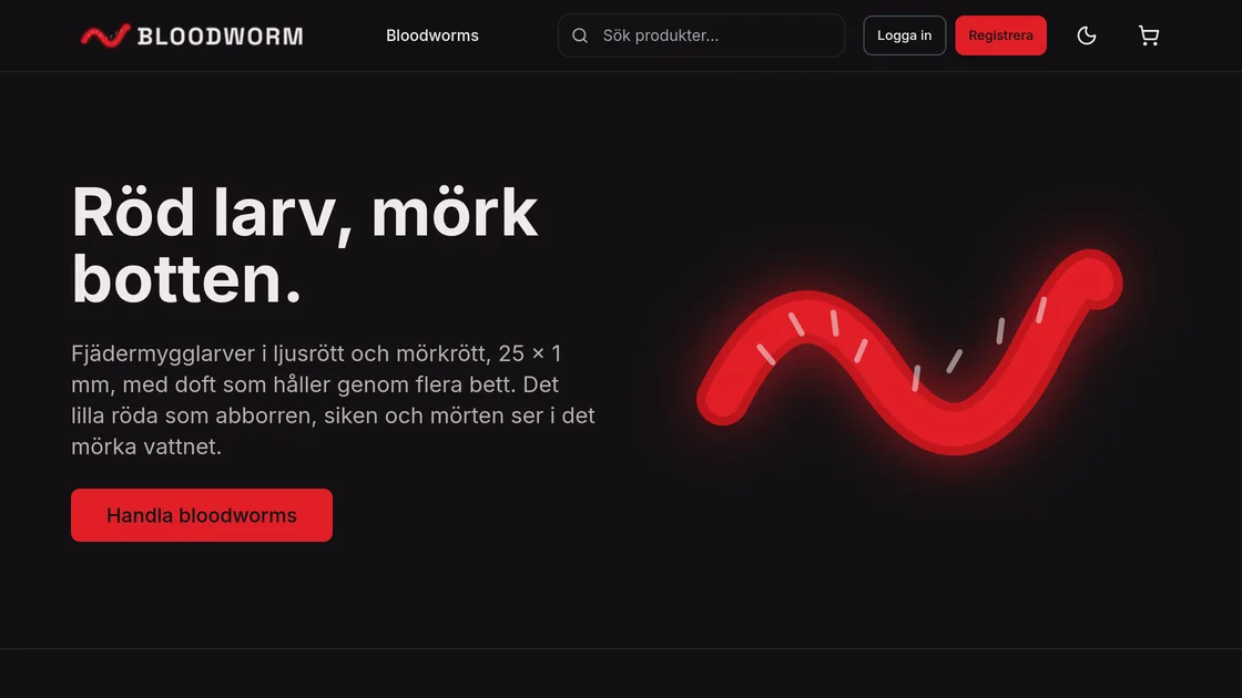 bloodworm.se: Röd larv, mörk botten, beside a drawing of a glowing red larva on a black page