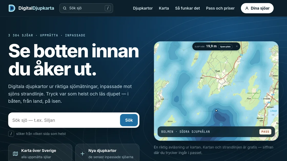 The digitaldjupkarta.se homepage: Se botten innan du åker ut, a lake search, and a real reading on Bolmen's southern hole, depth here 19.9 m