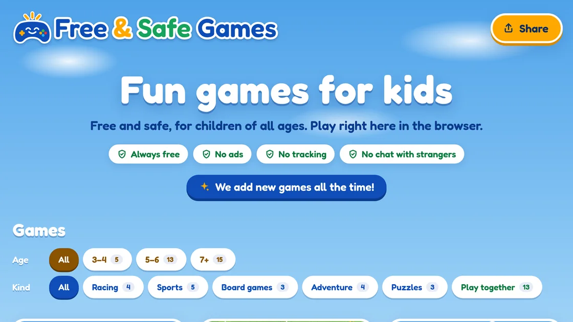 freeandsafegames.com: Fun games for kids. Free and safe, for children of all ages, with the games sorted by age and kind