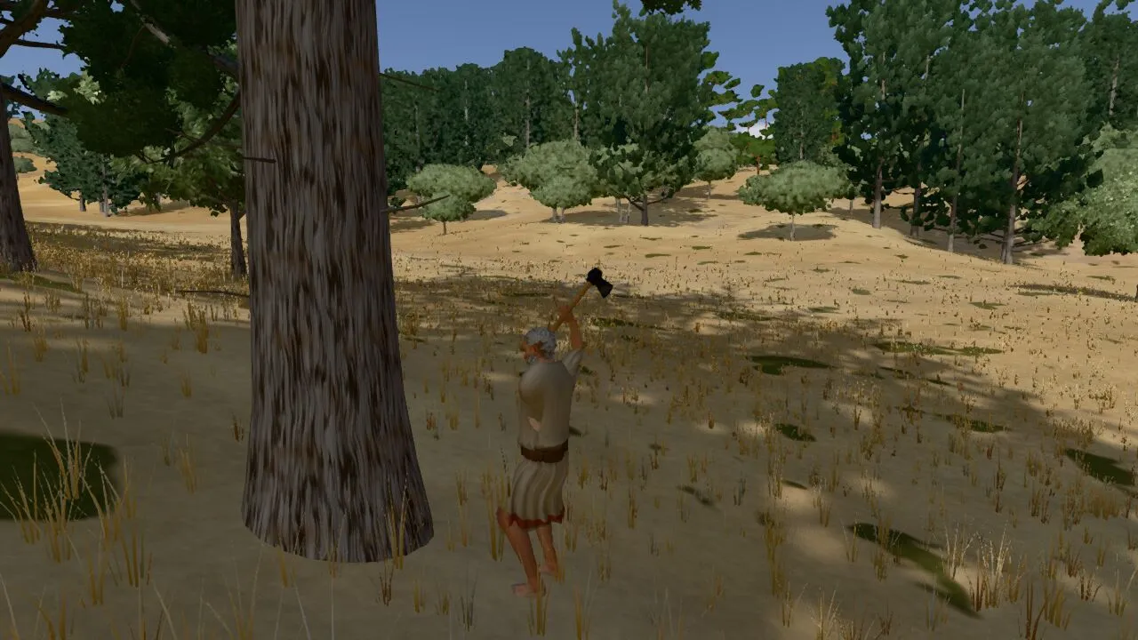 Felling a cypress by hand in the game, axe raised