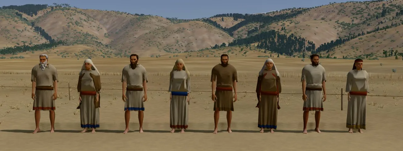 The eight of Noah's family standing in a row in the valley, each in their own clothes