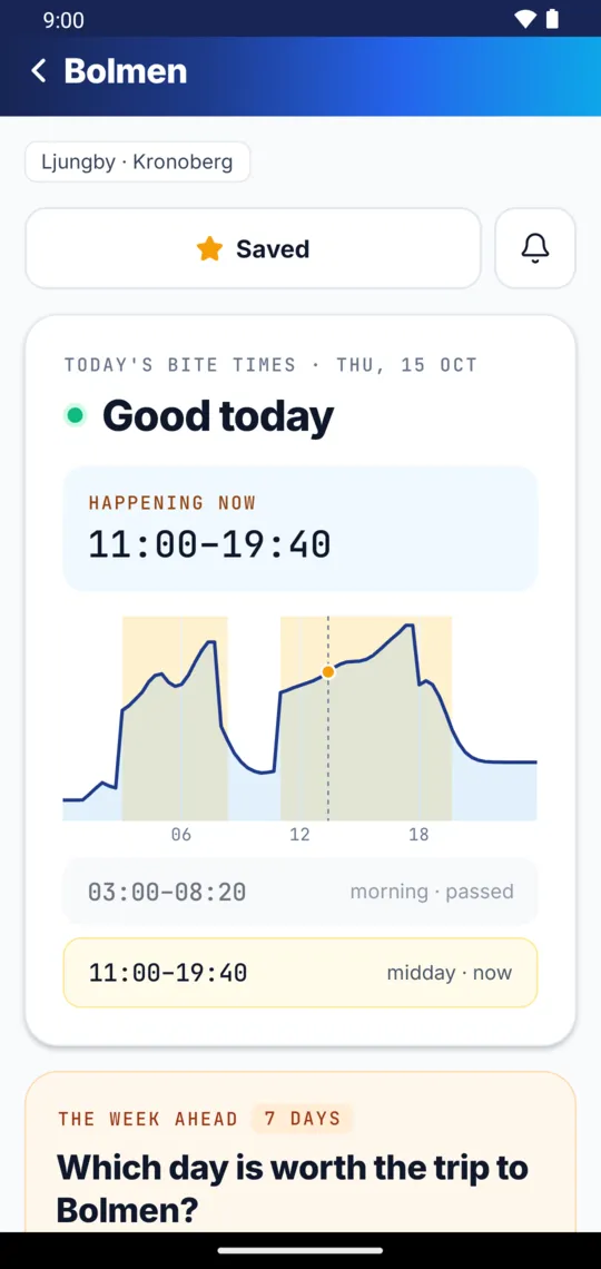 Bolmen today: good today, happening now from 11:00 to 19:40, with the bite curve hour by hour