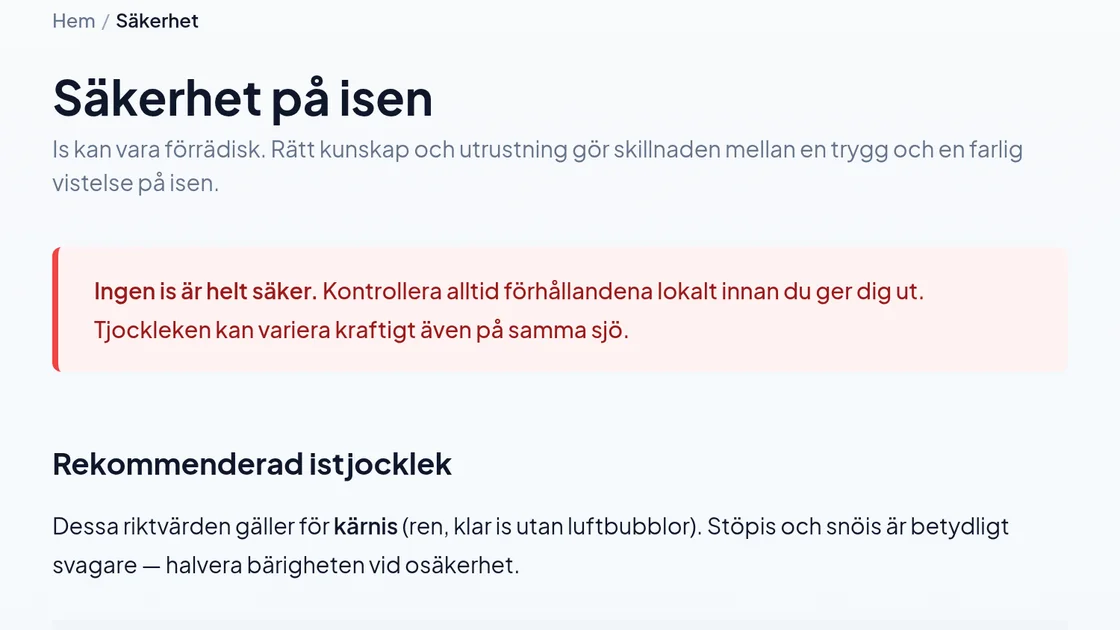 The safety page on israpport.se, which opens with the warning that no ice is completely safe