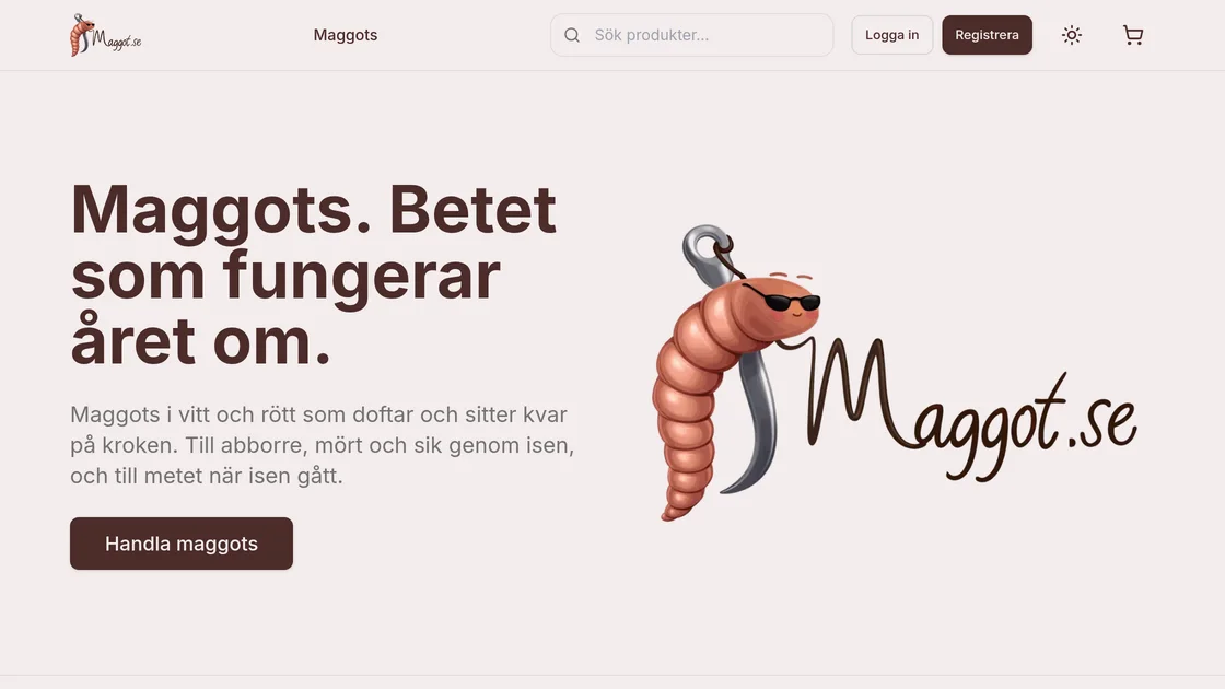 maggot.se: Maggots. Betet som fungerar året om, beside the shop's mascot, a maggot in sunglasses on a hook