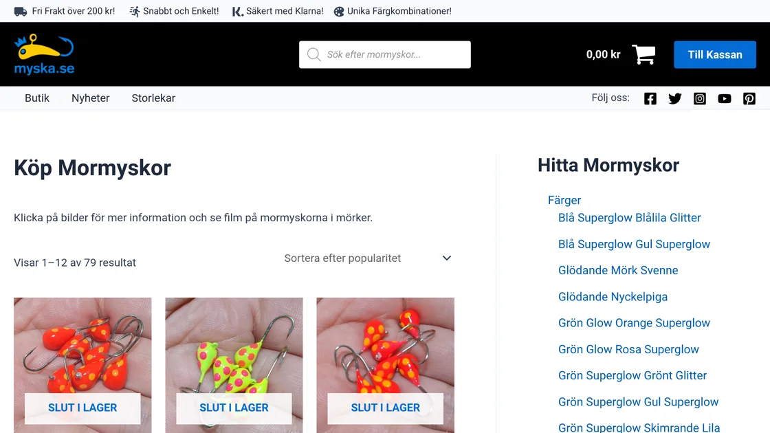 myska.se today: Köp Mormyskor, with photos of hand-painted drop mormyshkas with dots, held in a hand. Several are marked sold out.