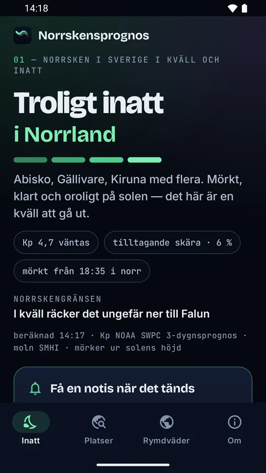 Troligt inatt i Norrland: tonight's chance across Sweden, with how far south it reaches