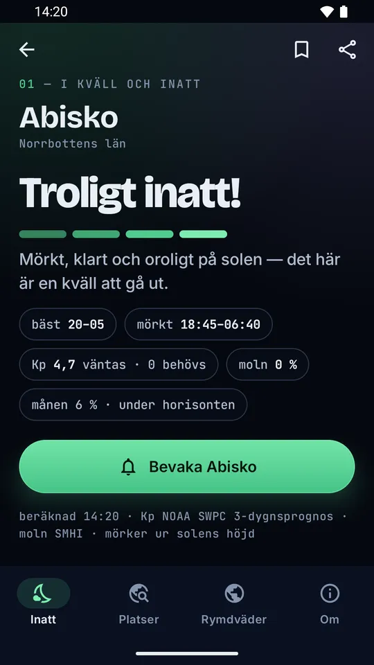 Abisko, troligt inatt: dark, clear and active, with a button to follow the place