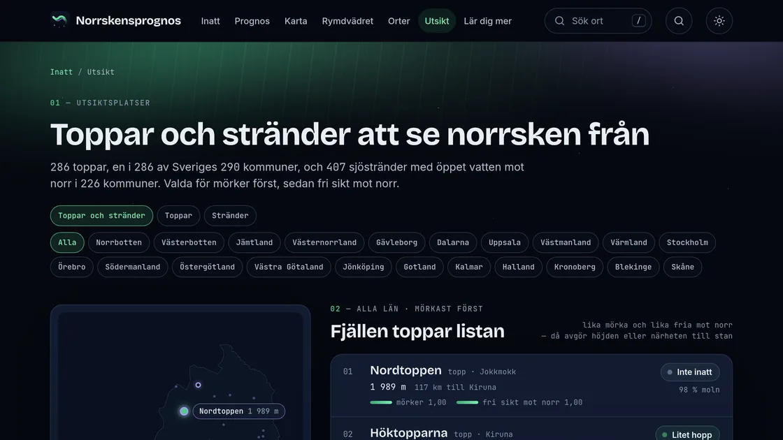 Peaks and shores to see the northern lights from: viewing spots by county, darkest first, on Norrskensprognos