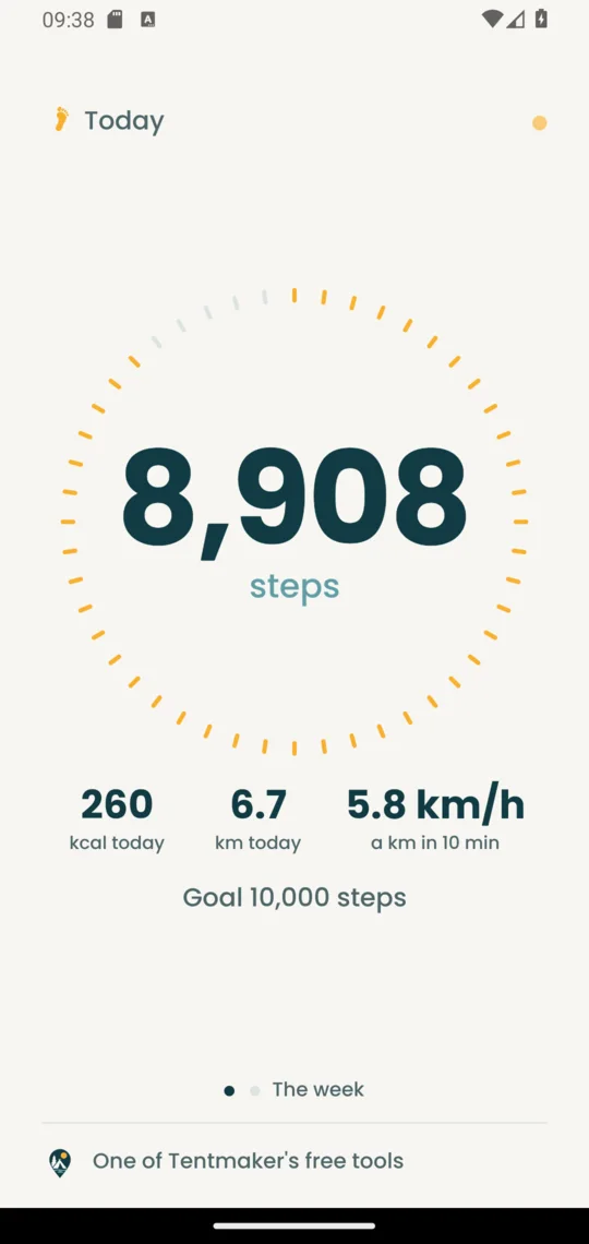 Today: 8,908 steps inside a ring of small marks, most of them lit, with 260 kcal, 6.7 km and the pace below, and Goal 10,000 steps