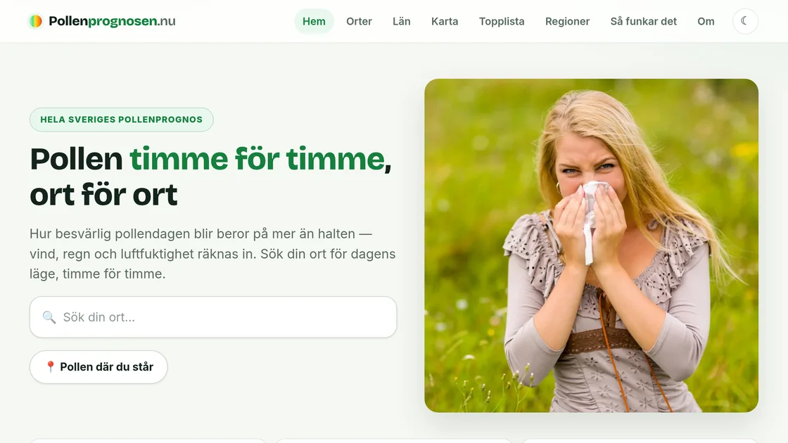 pollenprognosen.nu: pollen hour by hour, town by town, with a search box for your town