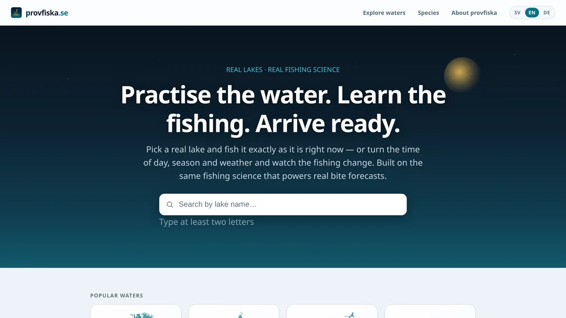 provfiska.se: Practise the water. Learn the fishing. Arrive ready. With a search box and the most popular lakes drawn as their shapes.