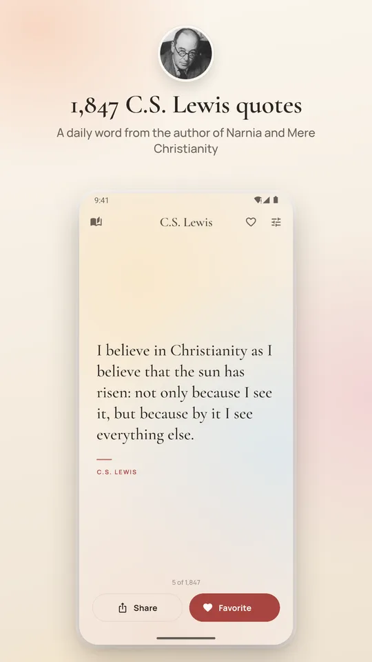 1,847 C.S. Lewis quotes: the home page with one quote, and Share and Favorite below it