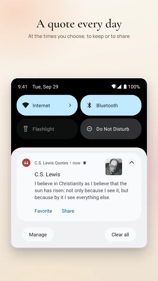 A quote every day: a notification with a quote, and Favorite and Share on it