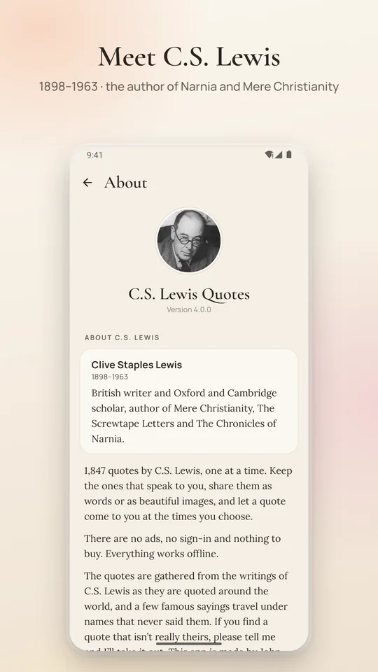 Meet C.S. Lewis: the About page, with his portrait, his years and a few lines about him