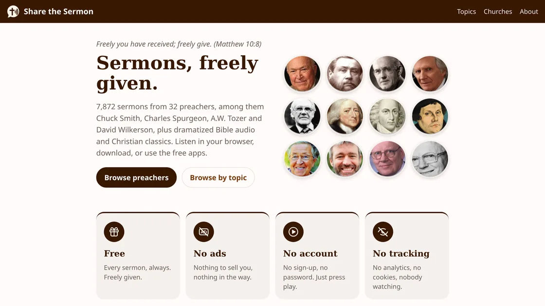sharethesermon.com: Sermons, freely given. Free, no ads, no account, no tracking.