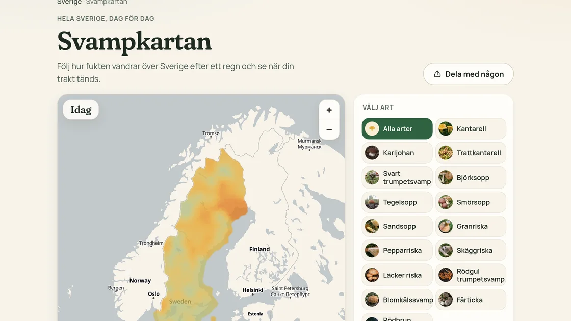 The mushroom map on Svampdags: Sweden shaded from pale to orange by how good the conditions are today, with a list of species to choose from
