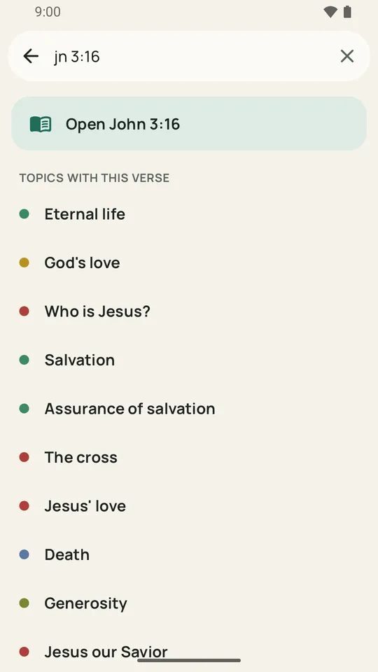 Searching for a reference, jn 3:16, and the topics that list the verse