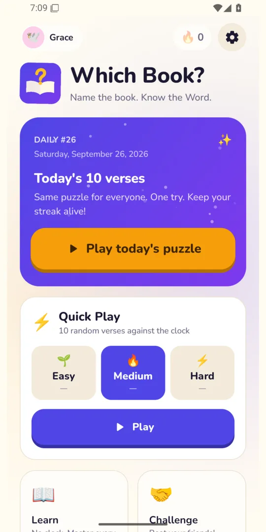 The home screen: today's ten verses, Quick Play on easy, medium or hard, Learn and Challenge