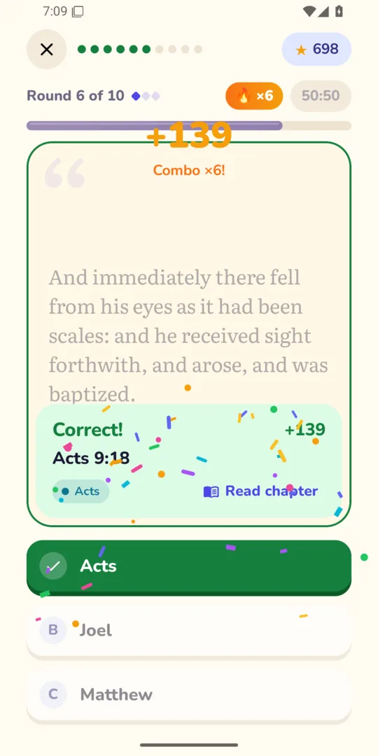 A correct answer, Acts 9:18, with a combo of six and confetti