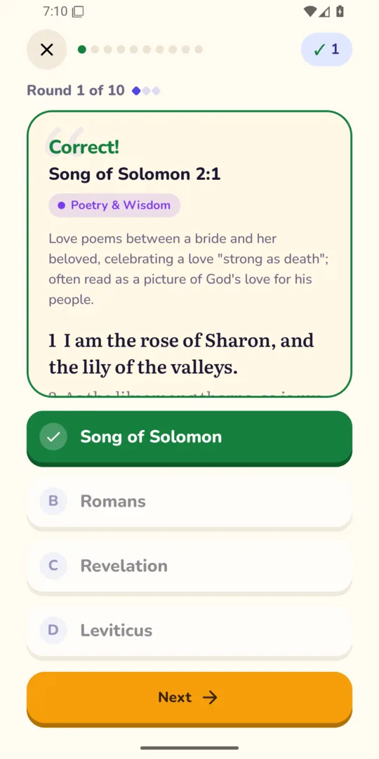 Learn mode: after the answer, a short introduction to the book and the verses around it